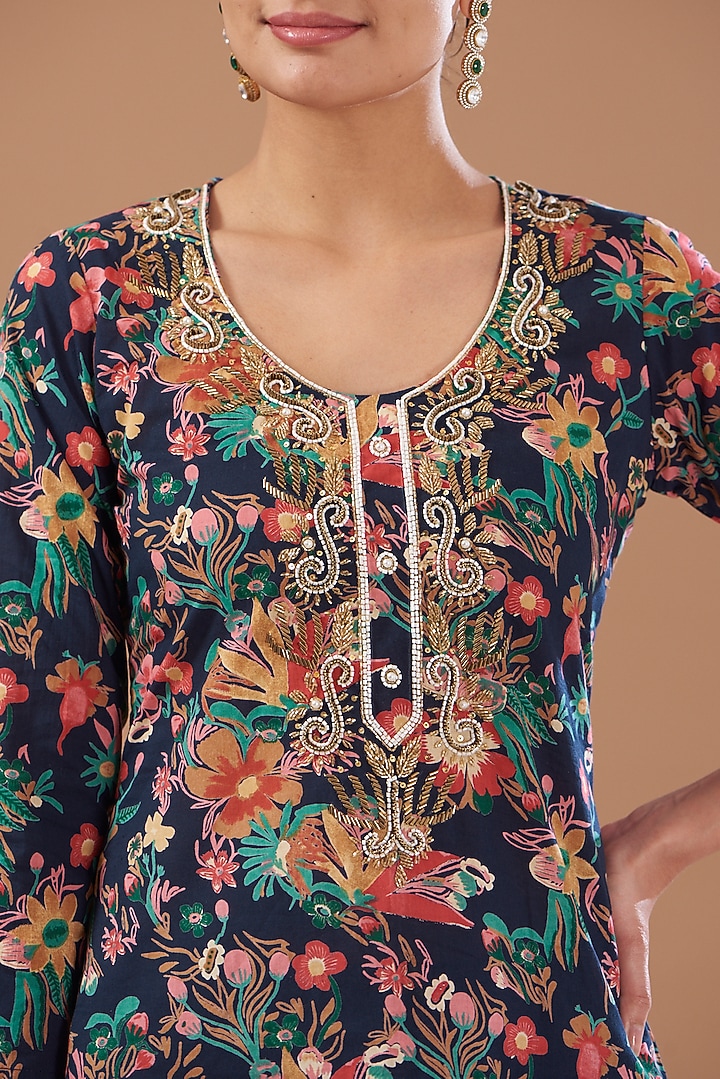 Dark Blue Cotton Embroidered Kurta Set by CHITRASHI JAIPUR at Pernia's Pop Up Shop