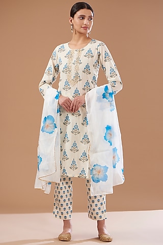 White Cotton Hand Block Printed Kurta Set by CHITRASHI JAIPUR