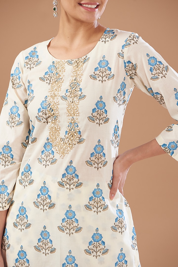 White Cotton Hand Block Printed Kurta Set by CHITRASHI JAIPUR at Pernia's Pop Up Shop
