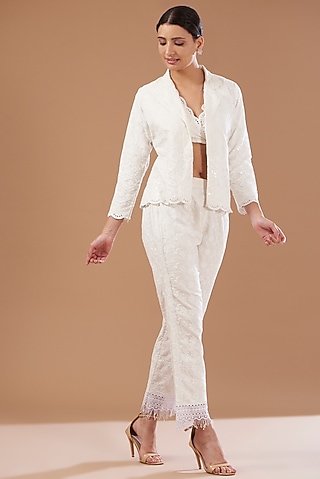 Ivory Cotton Blazer Set by CHITRASHI JAIPUR