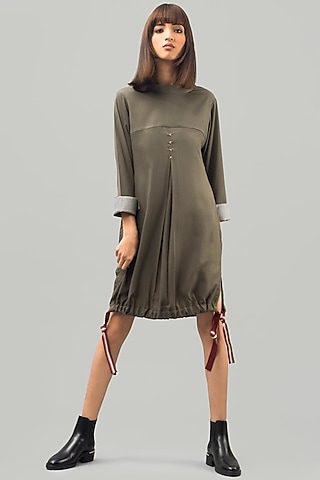 Military Green Hand-Stitched Mini Dress by Chillosophy