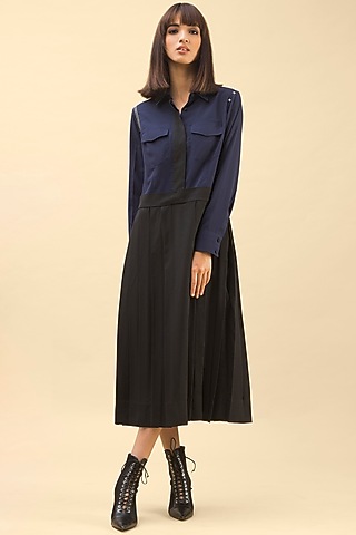 Dark Blue Hand-Stitched Midi Shirt Dress  by Chillosophy