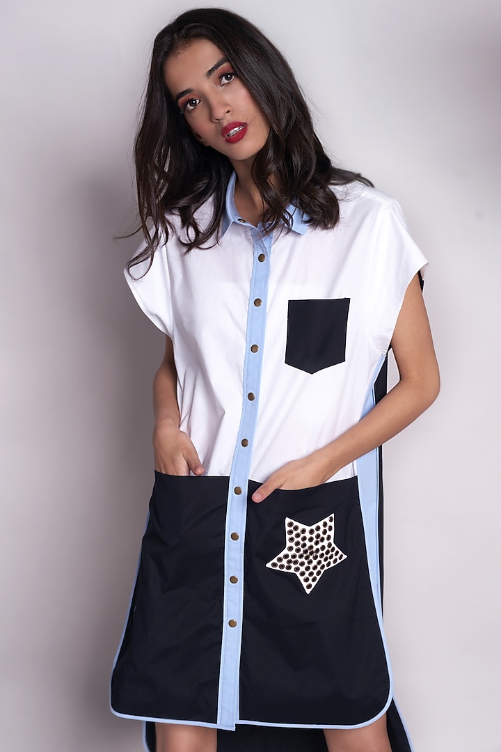 White & Navy Blue Poplin Summer Shirt Dress by Chillosophy at Pernia's Pop Up Shop