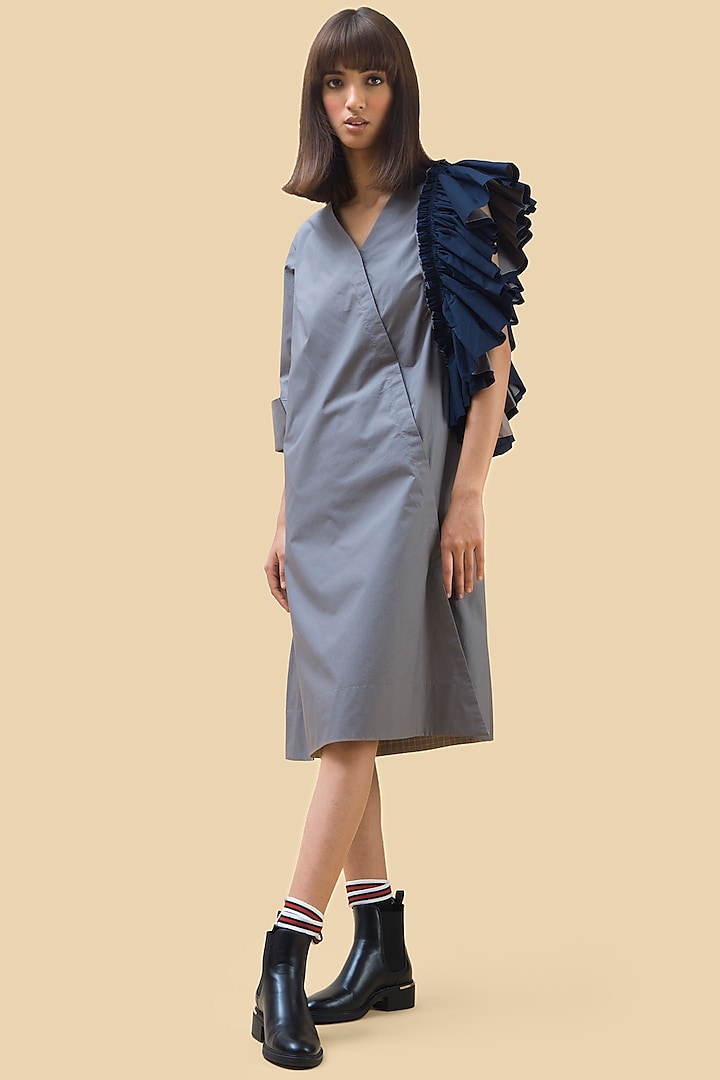 Grey Dress With Ruffles & Pleats by Chillosophy at Pernia's Pop Up Shop