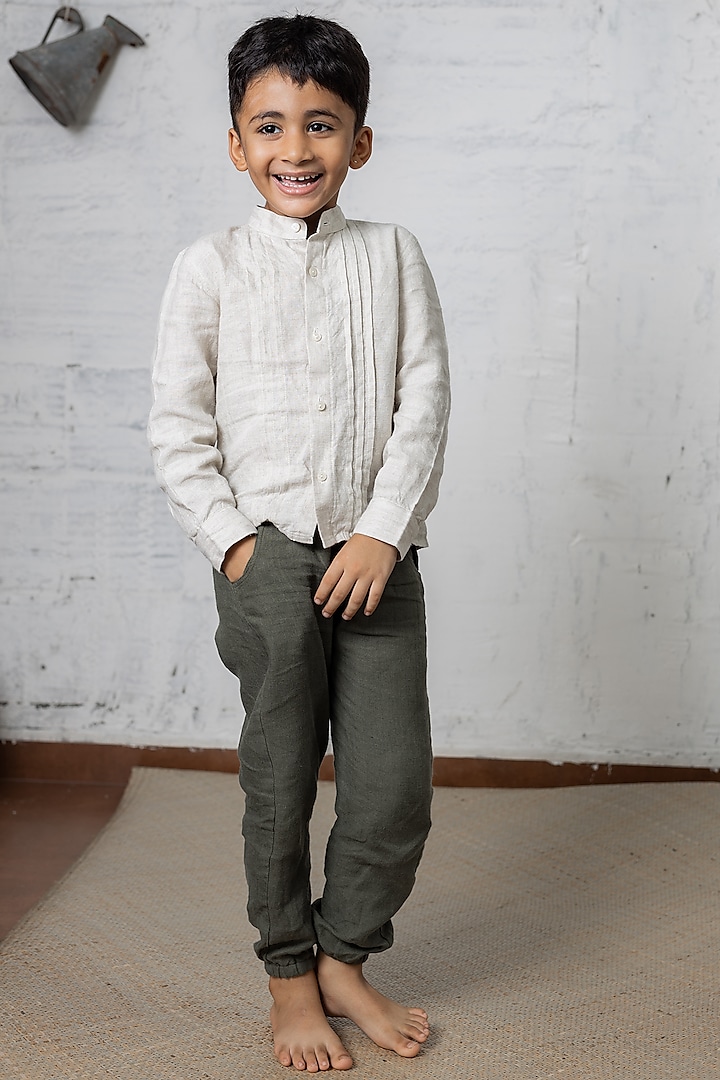 Olive Green Linen Joggers For Boys by Chi Linen