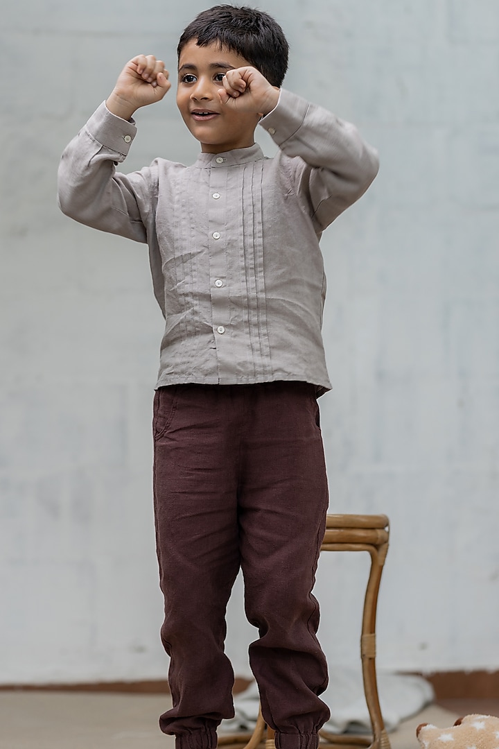 Beige Linen Shirt For Boys by Chi Linen
