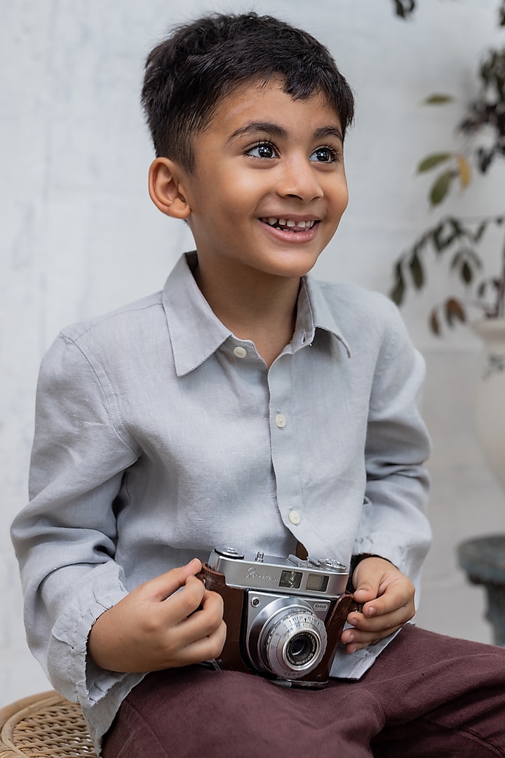 Grey Linen Shirt For Boys by Chi Linen