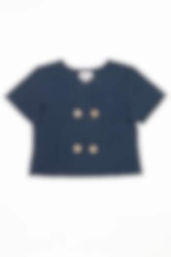 Navy Blue Linen Top For Girls by Chi Linen