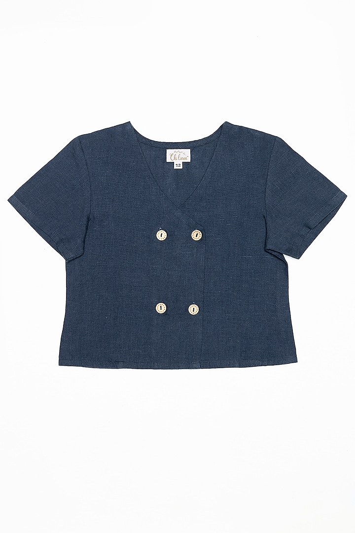 Navy Blue Linen Top For Girls by Chi Linen
