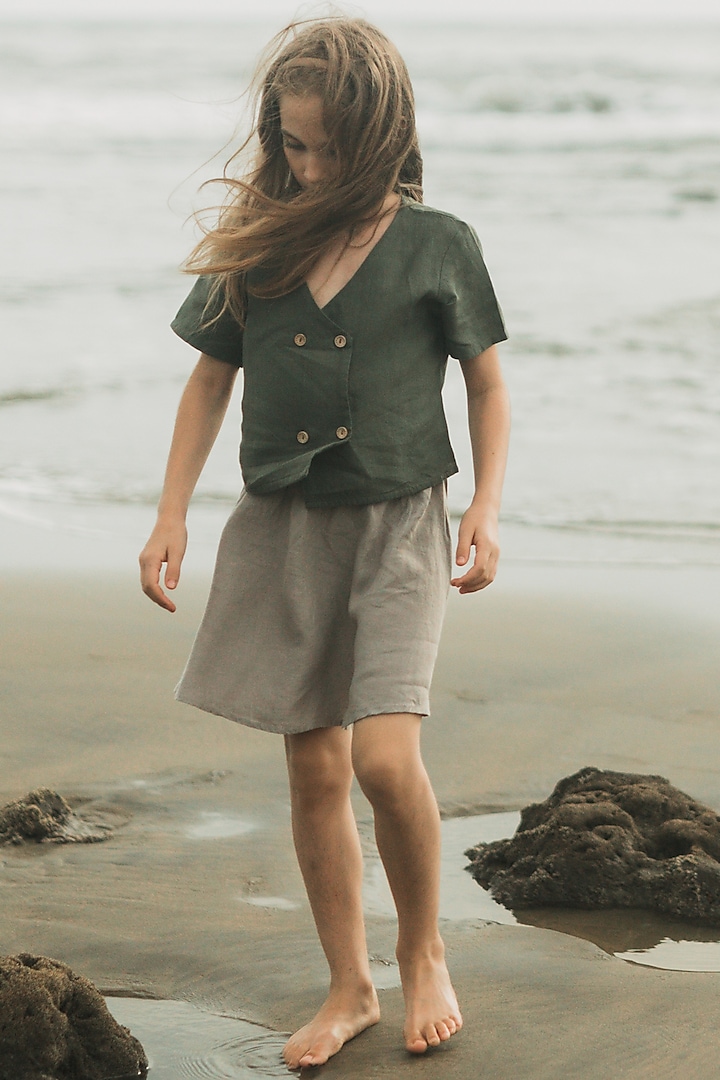 Olive Green Linen Top For Girls by Chi Linen