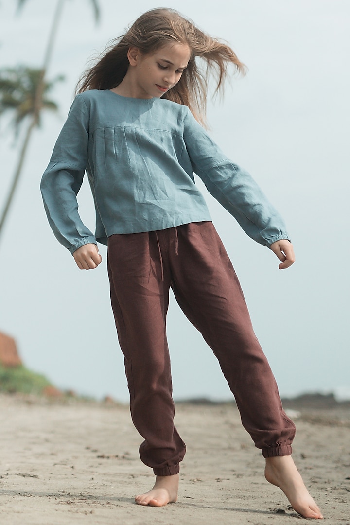 Blue Linen Top For Girls by Chi Linen