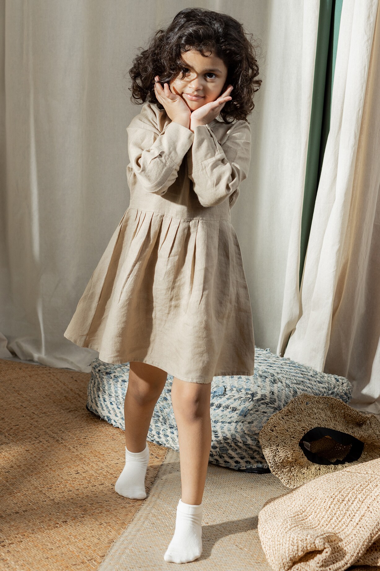 Light Brown Linen Dress For Girls by Chi Linen at Pernia's Pop Up Shop