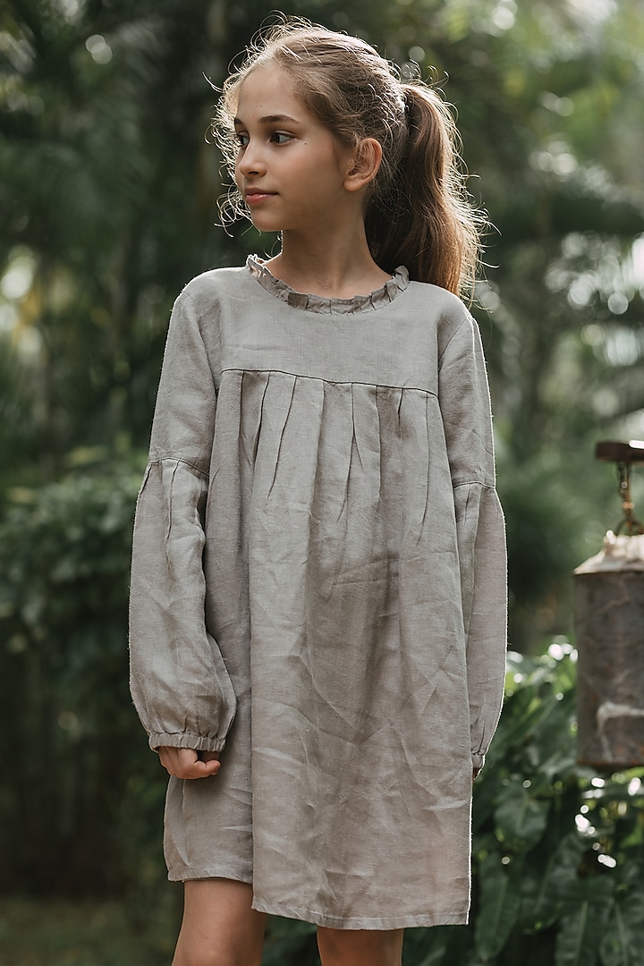 Beige Linen Dress For Girls by Chi Linen at Pernia's Pop Up Shop