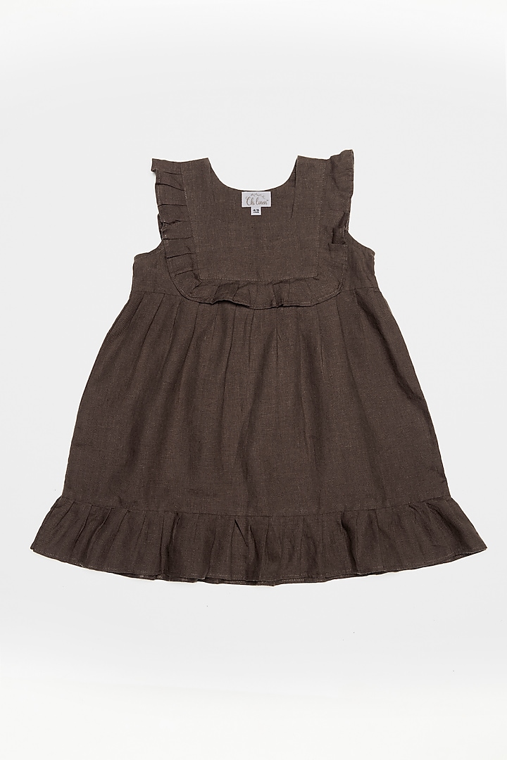 Brown Linen Ruffled Dress For Girls by Chi Linen