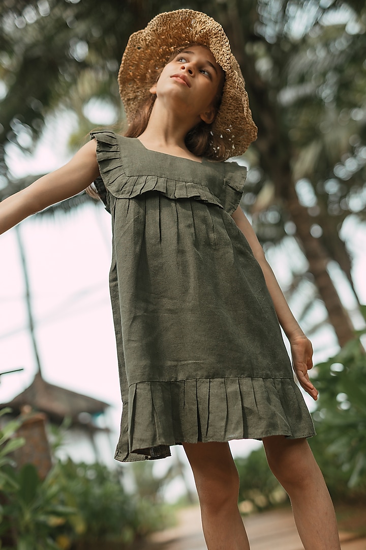 Olive Green Linen Ruffled Dress For Girls by Chi Linen