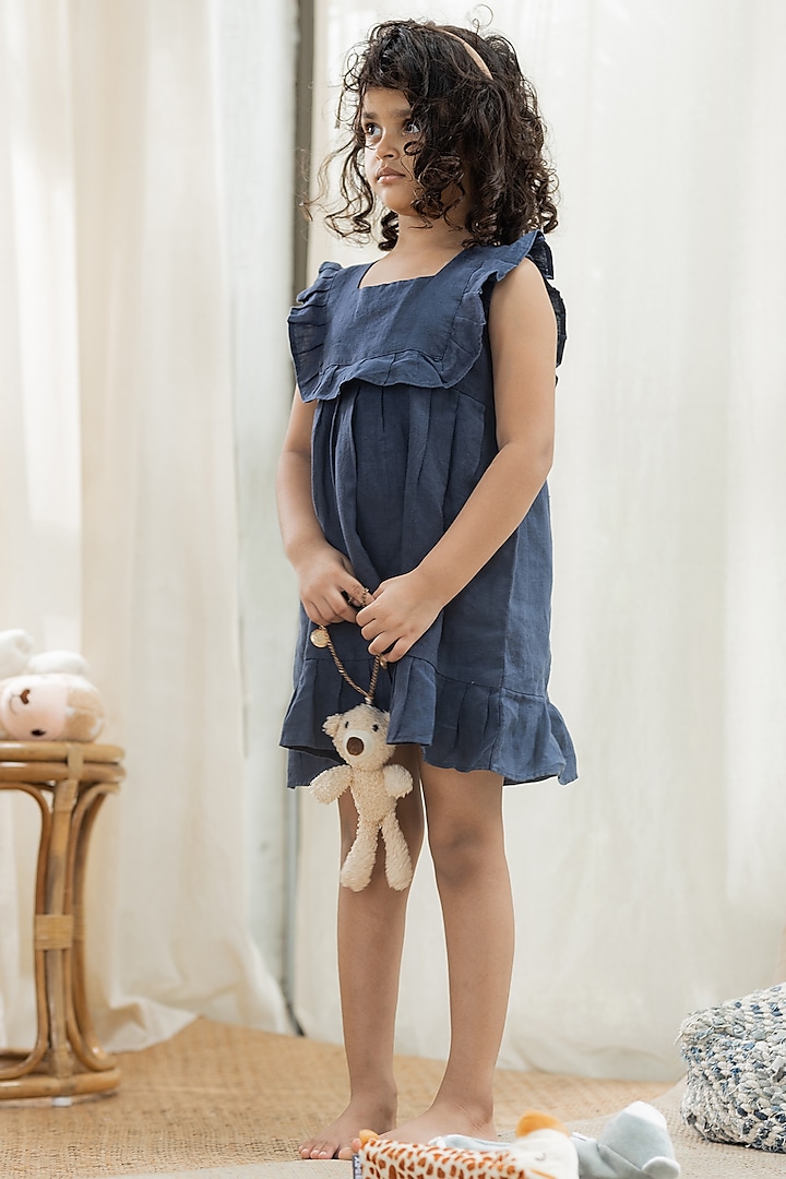 Navy Blue Linen Ruffled Dress For Girls by Chi Linen at Pernia's Pop Up Shop