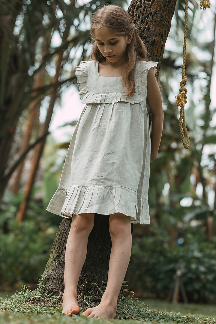 Cream Linen Ruffled Dress For Girls by Chi Linen at Pernia's Pop Up Shop