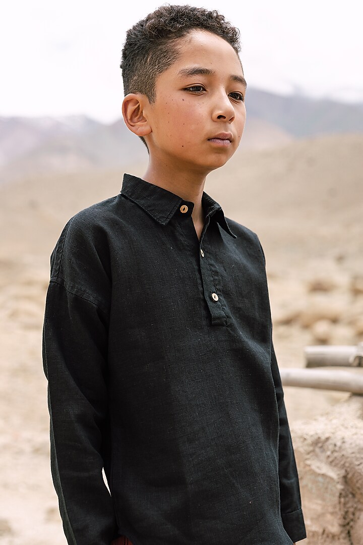 Black Linen Shirt For Boys by Chi Linen