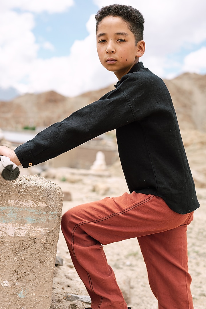 Black Linen Shirt For Boys by Chi Linen at Pernia's Pop Up Shop