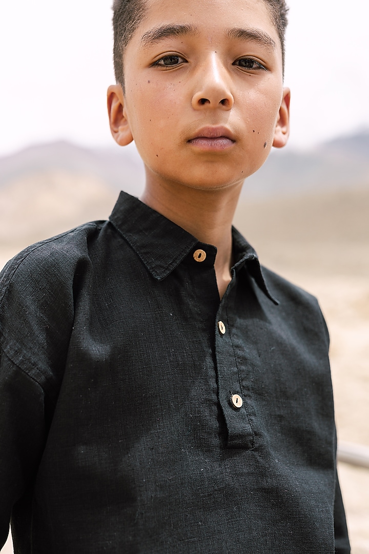 Black Linen Shirt For Boys by Chi Linen at Pernia's Pop Up Shop