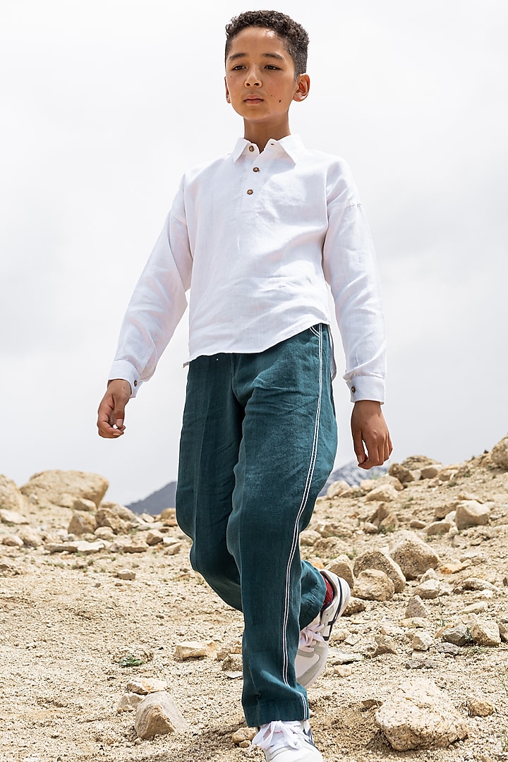 Teal Green Linen Trousers For Boys by Chi Linen