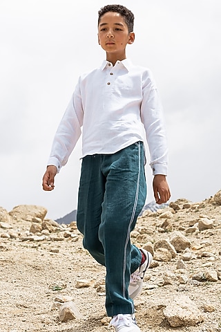 Teal Green Linen Trousers For Boys by Chi Linen