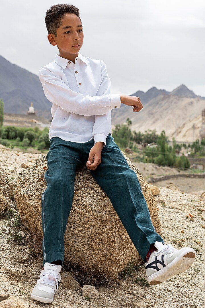 Teal Green Linen Trousers For Boys by Chi Linen at Pernia's Pop Up Shop