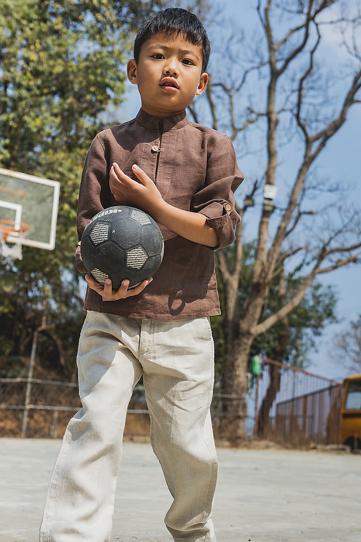 Brown Linen Shirt For Boys by Chi Linen