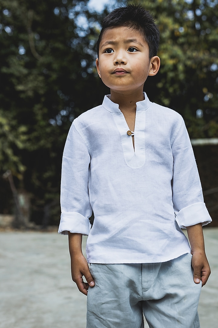 White Linen Shirt For Boys by Chi Linen