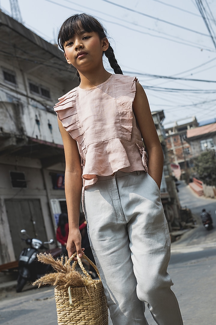 Pink Linen Peplum Top For Girls by Chi Linen at Pernia's Pop Up Shop