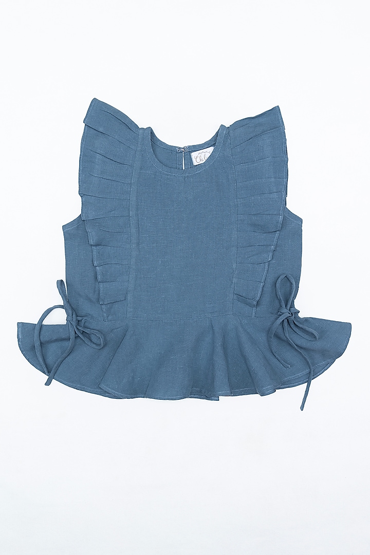 Blue Linen Peplum Top For Girls by Chi Linen at Pernia's Pop Up Shop