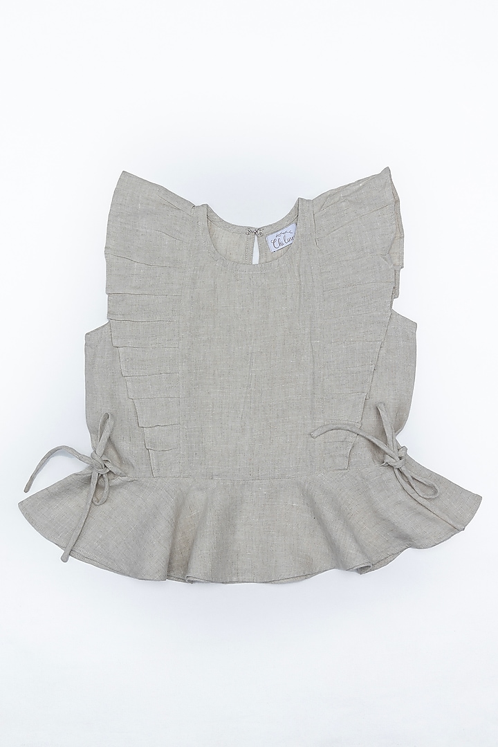 Beige Linen Peplum Top For Girls by Chi Linen at Pernia's Pop Up Shop