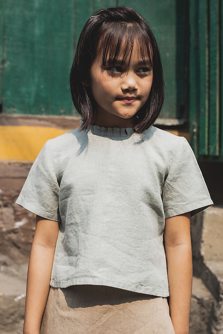 Light Green Linen Top For Girls by Chi Linen at Pernia's Pop Up Shop