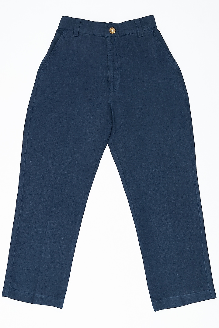 Navy Blue Linen Trousers For Boys by Chi Linen