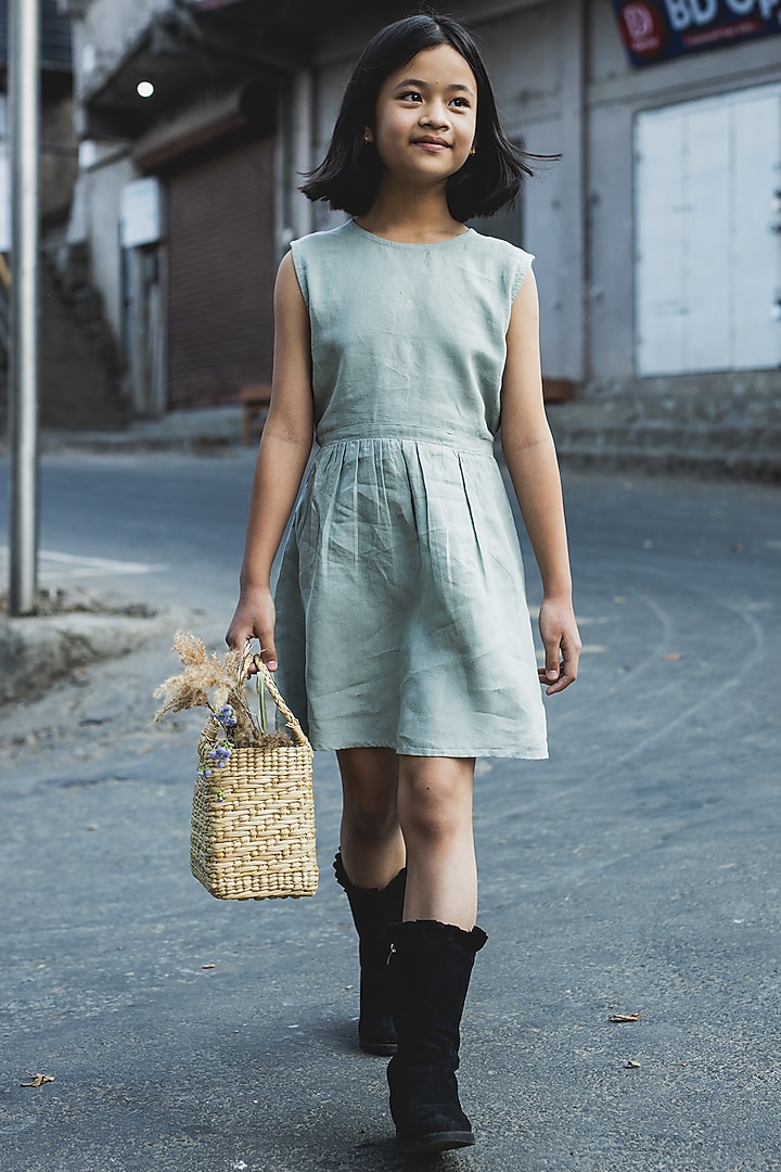 Light Green Linen Dress For Girls by Chi Linen at Pernia's Pop Up Shop