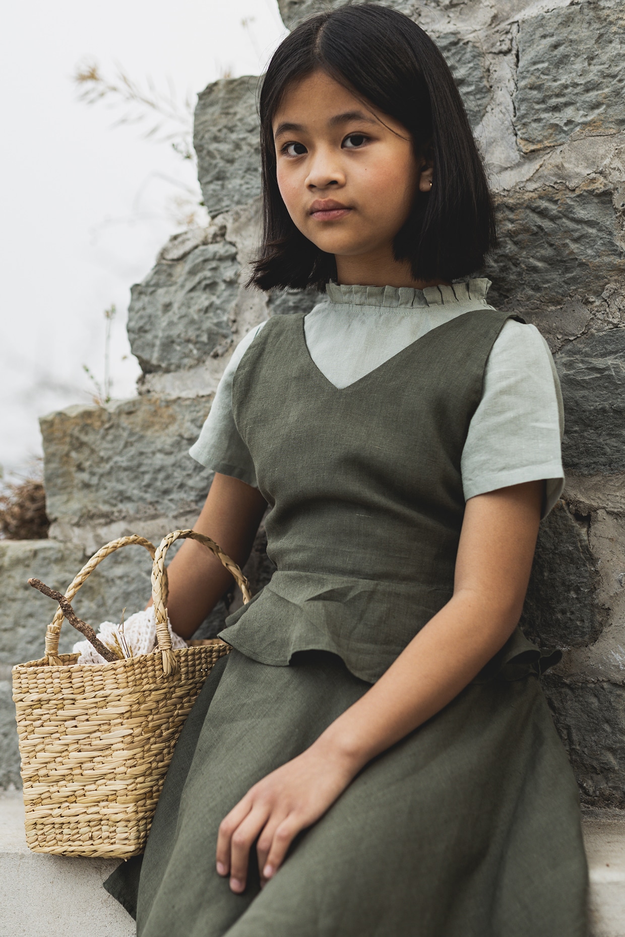 Olive Green Linen Dress For Girls by Chi Linen at Pernia s Pop Up Shop