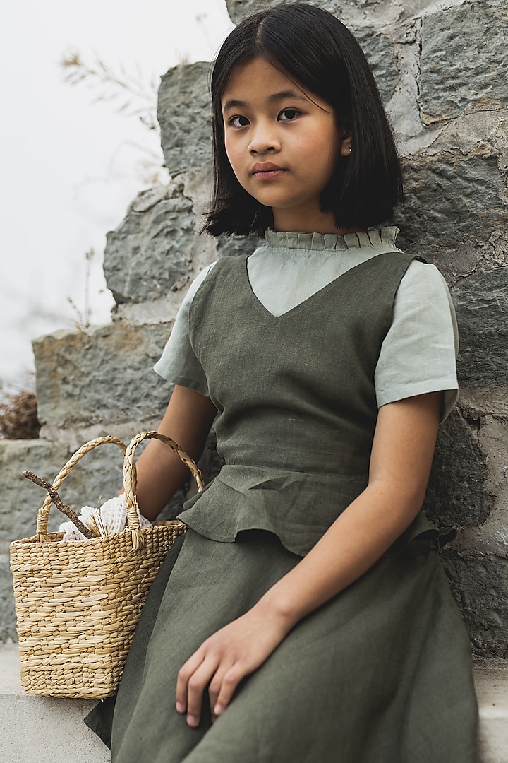 Olive Green Linen Dress For Girls by Chi Linen at Pernia's Pop Up Shop