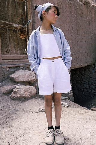 Light Blue Linen Co-Ord Set For Girls by Chi Linen