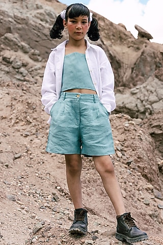 White Linen Co-Ord Set For Girls by Chi Linen