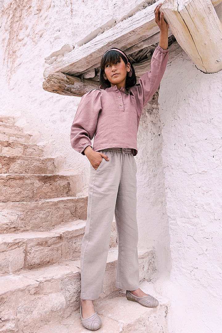 Beige Linen Trousers For Girls by Chi Linen at Pernia's Pop Up Shop