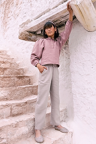 Beige Linen Trousers For Girls by Chi Linen