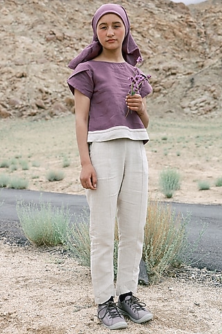 Cream Linen Trousers For Girls by Chi Linen