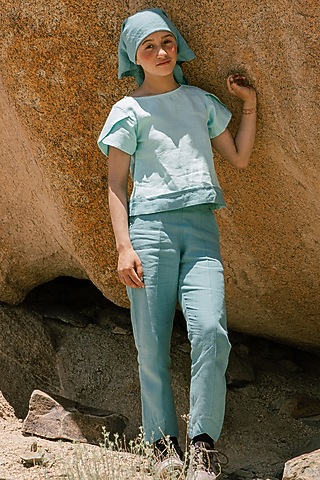 Sage Green Linen Trousers For Girls by Chi Linen