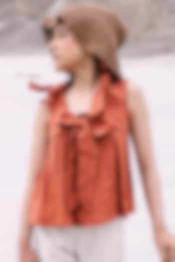 Rust Linen Bow Top For Girls by Chi Linen