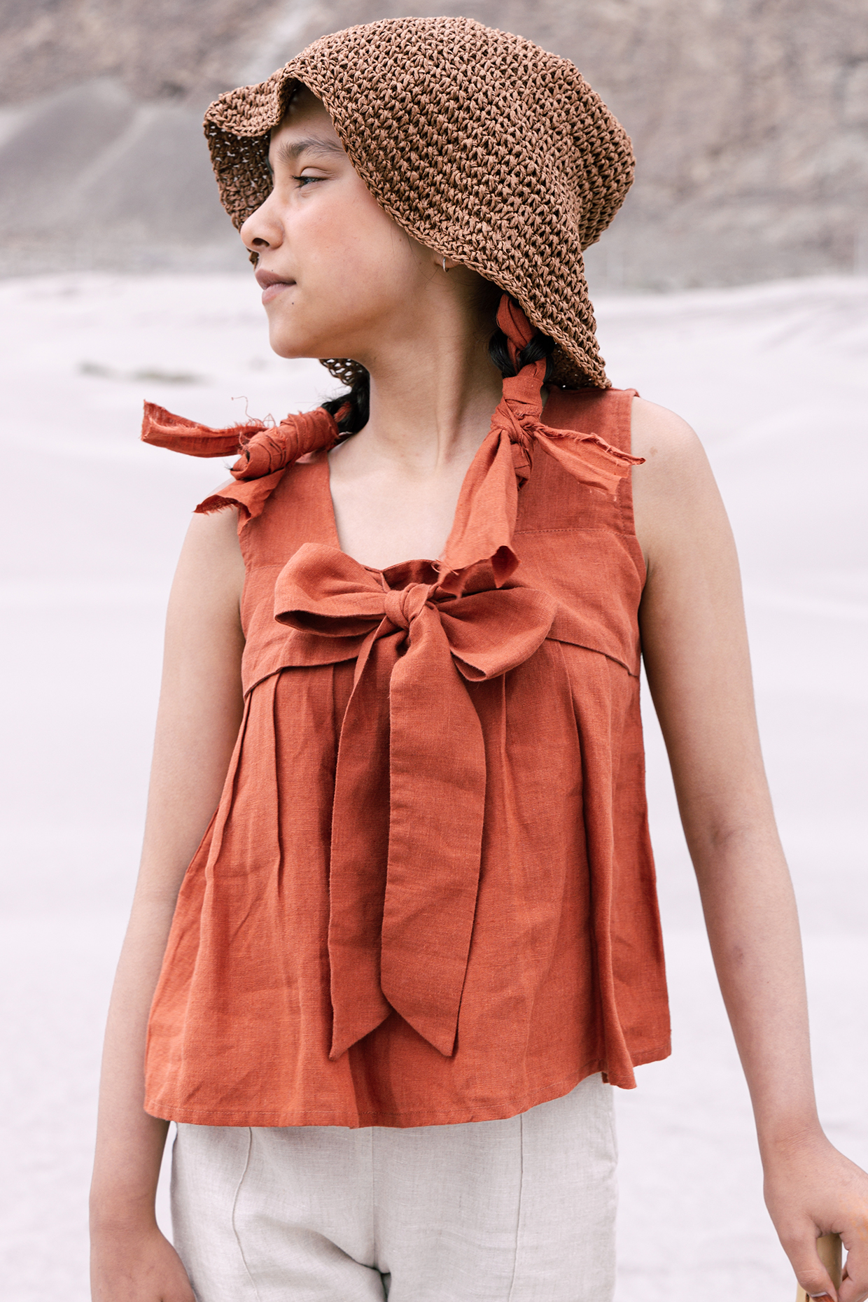 Rust Linen Bow Top For Girls by Chi Linen