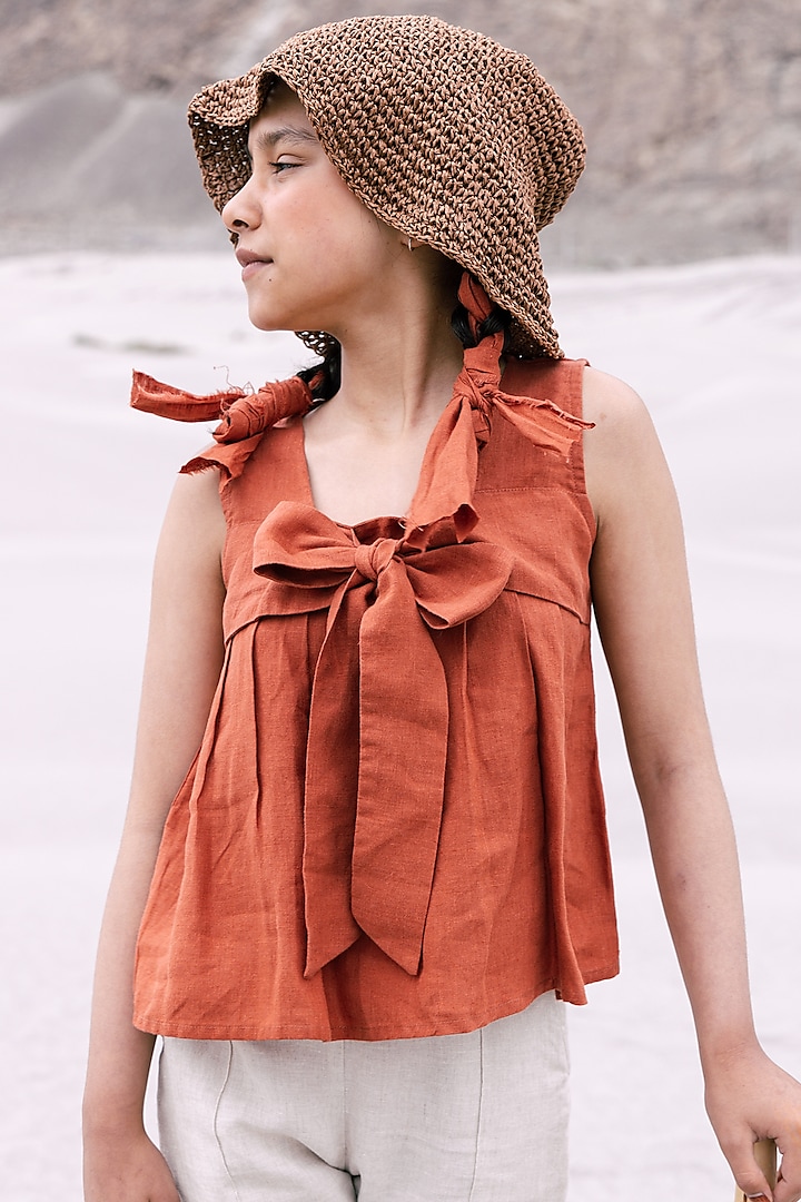 Rust Linen Bow Top For Girls by Chi Linen