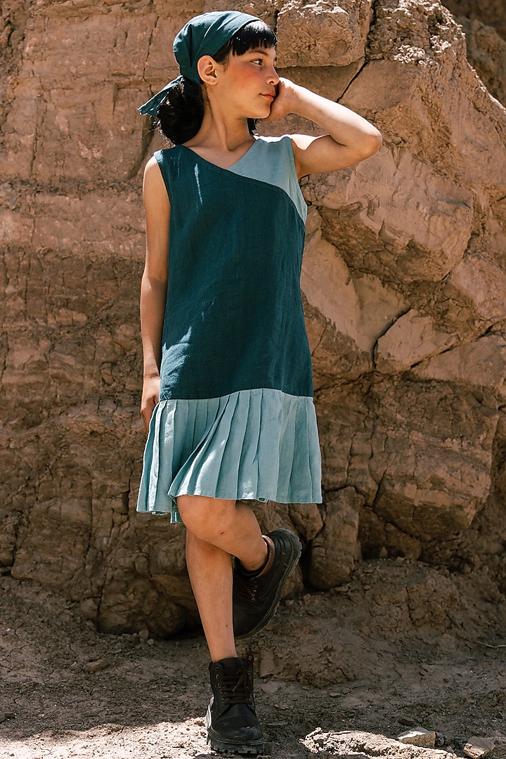Teal Green Linen Pleated Dress For Girls by Chi Linen