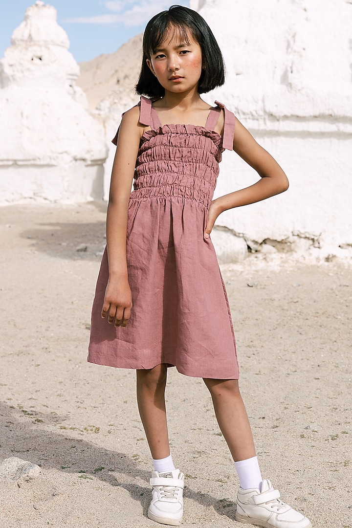 Dark Pink Linen A-Line Dress For Girls by Chi Linen at Pernia's Pop Up Shop