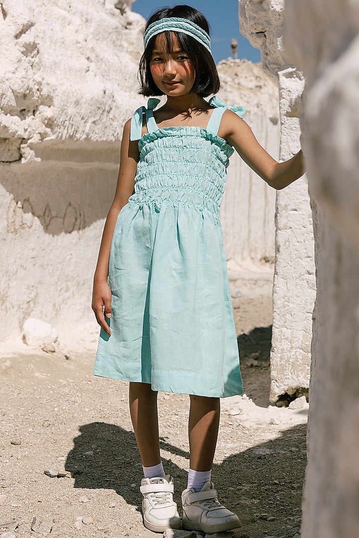 Sea Green Linen A-Line Dress For Girls by Chi Linen