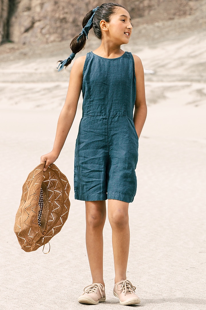 Teal Green Linen Jumpsuit For Girls by Chi Linen
